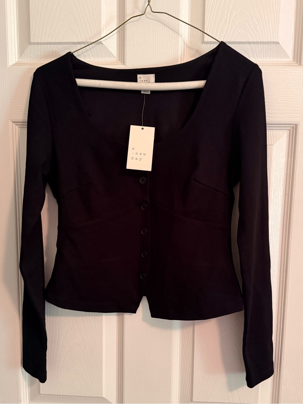 a new day Black Button-Front Square Neck Long Sleeve Top
